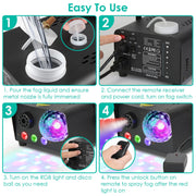 Fog Machine with Disco Ball RGB Lights 600W 6000CFM Smoke Machine with 8 Colorful Lighting Effects Wireless Remote Control for Party Wedding Stage Hal