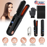 2 In 1 Ceramic Hair Straightener Flat Iron Cordless Hair Straightener Brush Hair Portable Styling Iron with Carry Bag Anti-scald Gloves 2 Hairpins