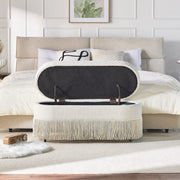 Oval Upholstered Storage Ottoman with Fringe Trim, 39.4"