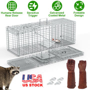 Humane Cat Trap Cage With Gloves Catch Release Live Animal Rodent Cage Collapsible Galvanized Wire for Raccoons Beavers Groundhogs Foxes Armadillos