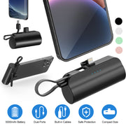 5000mAh Portable Phone Charger Built-in Type-C IOS Cable Dual Output Power Bank Compact Size Compatible with IOS Phone Samsung