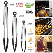 3Pcs Kitchen Tongs Stainless Steel Locking Food Tongs with Silicon Tips BPA Free Non-Stick BBQ Cooking Grilling Locking Food Tongs High Heat Resistant