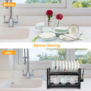 2 Tier Iron Dish Drying Rack Drainboard Set with Large Storage Anti-Rust Dish Drainer Shelf Tableware Holder Cup Holder For Kitchen Counter Storage