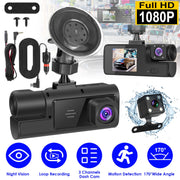WiFi FHD 1080P Car Dash Cam 3 Channels Front Rear Inside Dash Camera with Loop Recording Reversing Visual Night Vision WDR 170° Wide Angle Support 128