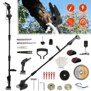 3-in-1 Cordless Electric Pole Saw & Mini Chainsaw & Grass Trimmer Kit with Adjustable Length 2Pcs 21V 1500mAh Batteries 4in/6in Chains Saw Blade 5Pcs