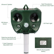 Ultrasonic Animal Repeller Solar Powered Repellent with Motion Sensor LED Flashing Lights IPX6 Waterproof Outdoor for Farm Garden Yard