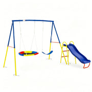 3 in 1 Swing Set with Slide for Backyard, Outdoor Playground Set with 33 Inch Saucer Swing, Belt Swing and Kids Slide, H