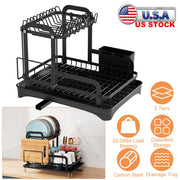 2-Tier Dish Drying Rack for Kitchen Counter Space Saving Rustproof Dish Rack with Drainboard Detachable Kitchen Drainer Organizer Set with Utensil Hol
