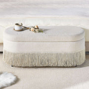 Oval Upholstered Storage Ottoman with Fringe Trim, 39.4"