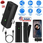 2 Pack 3 in 1 Wireless Clip On Microphone Omnidirectional Mic Noise Reduction Plug and Play 65.6FT Transmission Type-C IOS PC Video Record Interview V