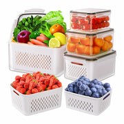 5Pcs Fruit Vegetable Containers with Removable Drain Basket Leakproof Lid Stackable Food Storage Organizer for Fridge Dishwasher Safe
