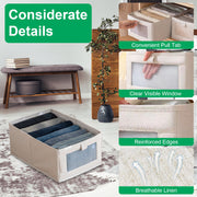 4Pcs Foldable Linen Clothing Storage Bin with Visible Clear Window Convenient Handle Multipurpose Collapsible Storage Basket Closet Fabric Container F