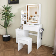 Vanity Desk Set Makeup Dressing Table with Stool, Lighted Mirror, 3 Drawers, 3 Open Shelves, 3 Open Cubbies, Power Stati