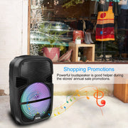 KOCASO Wireless Speaker Portable PA Karaoke System with 12" Subwoofer FM Radio Wired Microphone w/ DJ Lights FM Remote Control