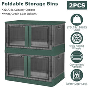 2Pcs 32L Foldable Storage Bins with Lid Collapsible Stackable Closet Organizer Containers with Front Door Lock 4Pcs Wheels