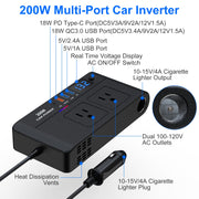 200W 12V Car Inverter DC12V to AC110V Vehicle Power Converter with 2 110V AC Outlets 1 Type-C 3 USB Ports Quick Charge Overheat Protection Voltage Dis