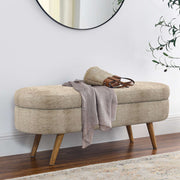 Oval Storage Ottoman Bench, Upholstered Storage Bench with Rubberwood Legs, Multifunctional Entryway Bench for Bedroom L