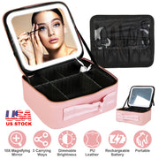 Travel Makeup Bag with LED Mirror Makeup Case Organizer with 3 Light Colors Adjustable Dividers Brush Holder Magnifying Mirror Dimmable USB Rechargeab