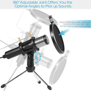 Professional Condenser Microphone Studio Recording Cardioid Microphone w/180¡ Tripods Pop Filter USB Plug for Podcasting Gaming Chatting
