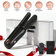 2 In 1 Ceramic Hair Straightener Flat Iron Cordless Hair Straightener Brush Hair Portable Styling Iron with Carry Bag Anti-scald Gloves 2 Hairpins
