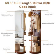Full Length Rotating Mirror with Coat Rack & Storage Shelf