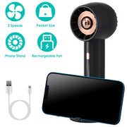 Portable Handheld Fan Rechargeable Pocket Personal Fan Quiet Desk Phone Holder Fan with 3 Speeds Removable Base for Commute Office Outdoor Indoor