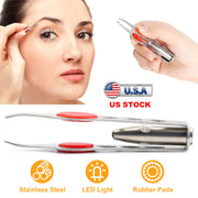 LED Eyebrow Tweezer Stainless Steel Make Up Tweezer w/ LED Light Rubber Finger Pads For Eyebrow Eyelash Hair Removal