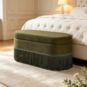 Oval Upholstered Storage Ottoman with Fringe Trim, 39.4"