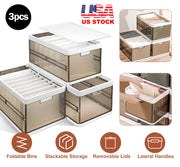 3 Pack Foldable Storage Bin with Lid Stackable Plastic Closet Organizer with Handle Divider Collapsible Drawer Organizer for Toys Clothes