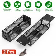 2Pack 15.35x4.72x3.94in 2-Door Humane Live Rat Trap Galvanized Iron Rodent Trap Cage Reusable for Home Garden Farm Warehouse