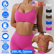 Women Cross Back Sport Bras Padded StrappyÊCrop Open Back Low Impact Bras SexyÊFitnessÊTank Tops with Removable Pads Thin Straps for Gym Yoga Workout