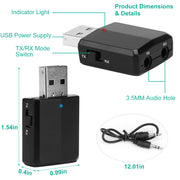 3 IN 1 Wireless V5.0 USB Audio Transmitter Receiver EDR Adapter Music Streaming For TV PC Headphones Car w/ 3.5mm Cable