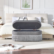 Oval Upholstered Storage Ottoman with Fringe Trim, 39.4"