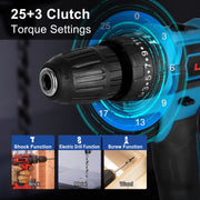 Cordless Drill Set With 2Pcs 28V Batteries and Charger 2 Variable Speeds 3/8In Keyless Chuck 265ln-lbs 25+3 Torque Positions Included 24Pcs Drill Bits