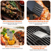 Stainless Steel BBQ Grill Tool Kit Grilling Utensil Accessories w/ Spatula Tongs Fork KnifeBrush Pepper Salt Shaker Bottle Grilled Skewers Corn Need
