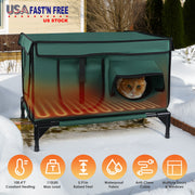 Waterproof Heated Cat House Outdoor Weatherproof Insulated Kitty Shelter Feral Cat Heating Bed with Heating Pad Anti-Chew Cord 2 Doors 3 Windows for I