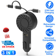 21W 3 In 1 Retractable Car Charger Fast Car Charger Mini Car Phone Charger with USB Port Type-C Cable LT & Micro Cable Fit For IOS Phone 15/14/13 And
