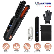 2 In 1 Ceramic Hair Straightener Flat Iron Cordless Hair Straightener Brush Hair Portable Styling Iron with Carry Bag Anti-scald Gloves 2 Hairpins