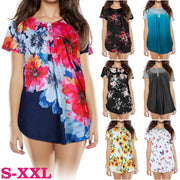 Women Summer Shirts Tops Loose Short Sleeve T Shirts Casual Floral Printed Button Shirts Blouse S-XXL