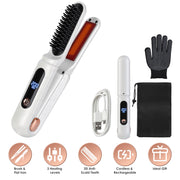 2 In 1 Ceramic Hair Straightener Flat Iron Cordless Hair Straightener Brush Hair Portable Styling Iron with Carry Bag Anti-scald Gloves 2 Hairpins