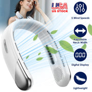Portable Neck Cooling Fan With Type-C Charging Battery Hands-Free Bladeless Personal Fan 5 Speeds Digital Display Adjustable Neck Width for Man Woman