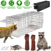 Humane Cat Trap Cage With Waterproof Cover Gloves Catch Release Live Animal Rodent Cage Collapsible Galvanized Wire for Raccoons Beavers Groundhogs Fo