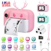 Kids Instant Print Camera 2.4in Digital Zero Ink Selfie Camera 1080P HD Video Recorder Toddler Camera with Dual Lens 3 Roll Print Papers Cute Stickers