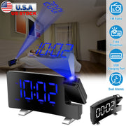 Projection Alarm Clock with Radio Function 7.7In Curved-Screen LED Digital Alarm Clock w/ Dual Alarms 4 Dimmer 12/24 Hour USB Charging Port 180¡ Rotat