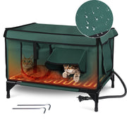 Waterproof Heated Cat House Outdoor Weatherproof Insulated Kitty Shelter Feral Cat Heating Bed with Heating Pad Anti-Chew Cord 2 Doors 3 Windows for I