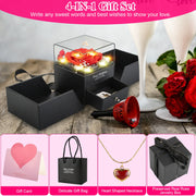Preserved Red Real Rose with Heart Necklace Eternal Flowers Rose with Golden Necklace Gifts for Women Mom Wife Girlfriend Grandma on Valentine Mother