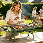 Foldable Charcoal Grill with Storage Shelf and 10 Skewers