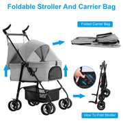 Foldable Pet Stroller with Removable Carrier for Dogs & Cats
