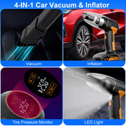 4 In 1 Cordless Car Vacuum Cleaner and Tire Inflator with LED Light Digital Display Tire Pressure Gauge 150PSI Rechargeable Air Compressor Pump Essent