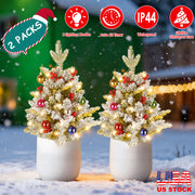 2Pcs Battery Powered Lighted Christmas Tree Urn Filler With Light Artificial Xmas Trees Light with Berries Balls LED Pathway Pine Tree IP44 Waterproof